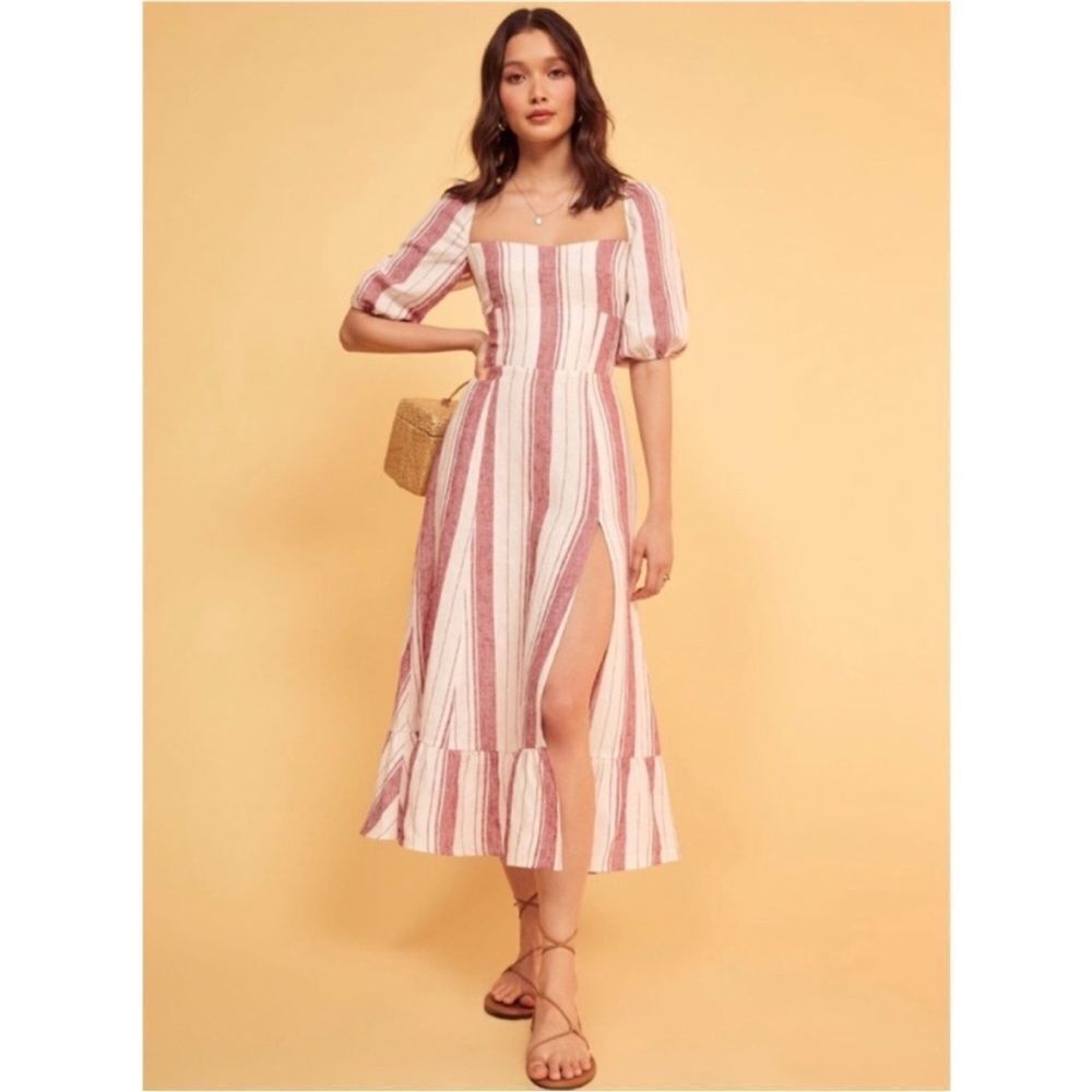 Reformation Belgium Linen Midi Dress in Savannah Stripe Red - Picture 3 of 9